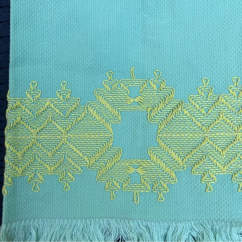 Two Vintage Tea Towels Cloth Aqua and Yellow Embroidered